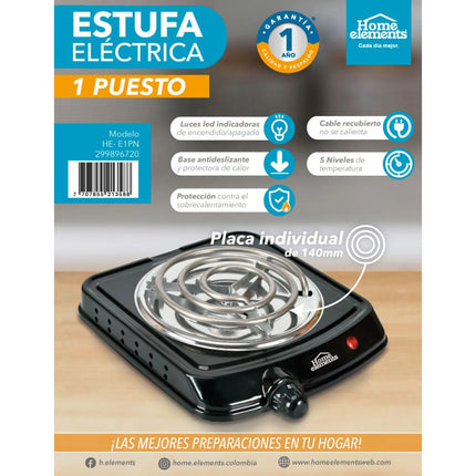 Estufa Eléctrica Home Elements 1 Puesto 1000W Negra