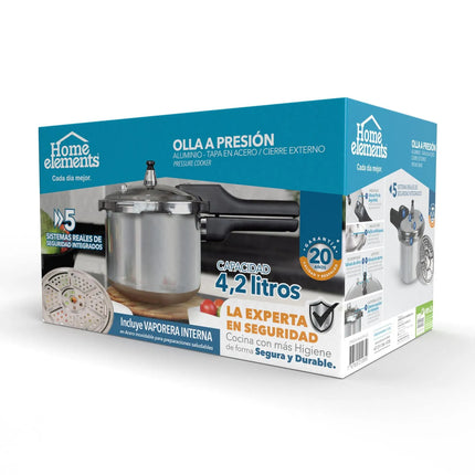 Olla a Presión Home Elements 4.2 Litros Aluminio con Tapa en Acero Inoxidable