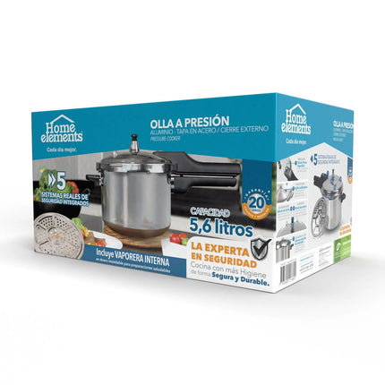 Olla a Presión Home Elements 5.6 Litros Aluminio con Tapa en Acero Inoxidable