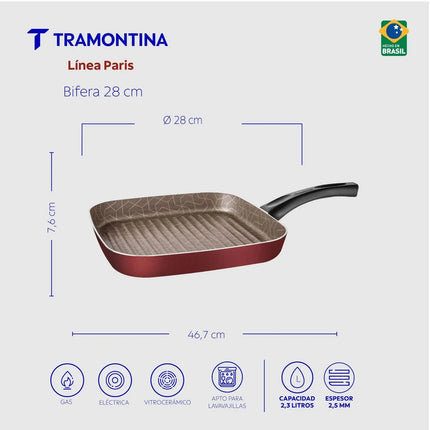 Sartén Asador Bifera Tramontina Paris Antiadherente 28 cm (2.3 L) - Rojo