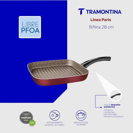 Sartén Asador Bifera Tramontina Paris Antiadherente 28 cm (2.3 L) - Rojo