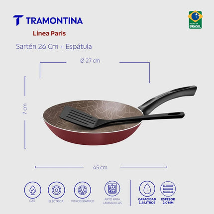 Sartén Tramontina Paris Antiadherente 26 cm (1.8 L) con Espátula - Rojo
